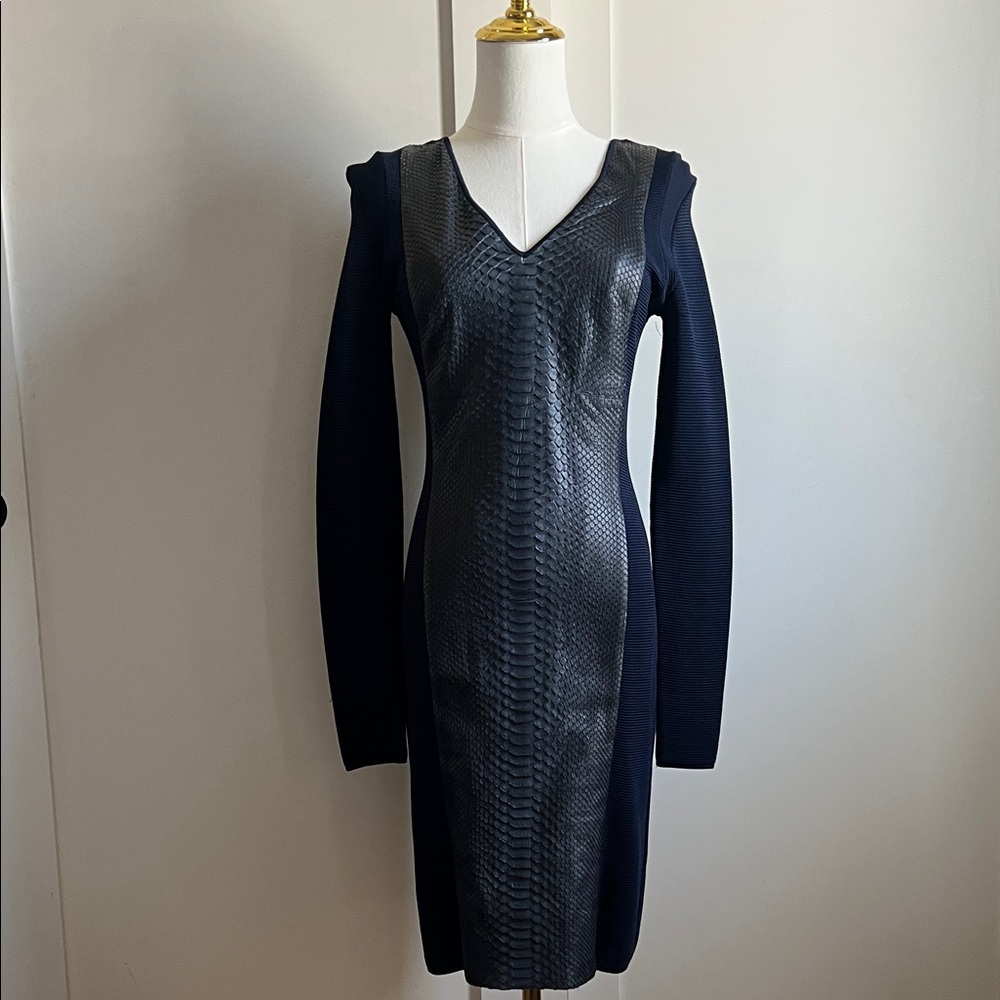 Chic Navy Python detailed Long Sleeve Dress with Textured Detail
